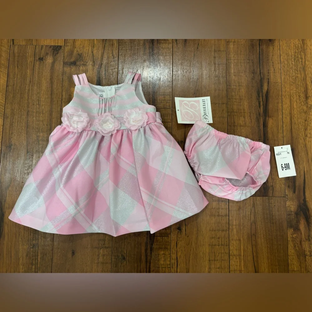 NWT Bonnie Baby Tafetta Empire Metallic Pink Plaid Dress & Bloomers, 6-9 Months